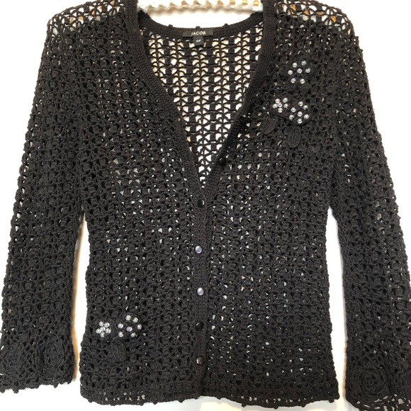 JACOB -SM- Gorgeous Macramé Style Sweater With Beaded Flower Appliqués - Picture 2 of 8